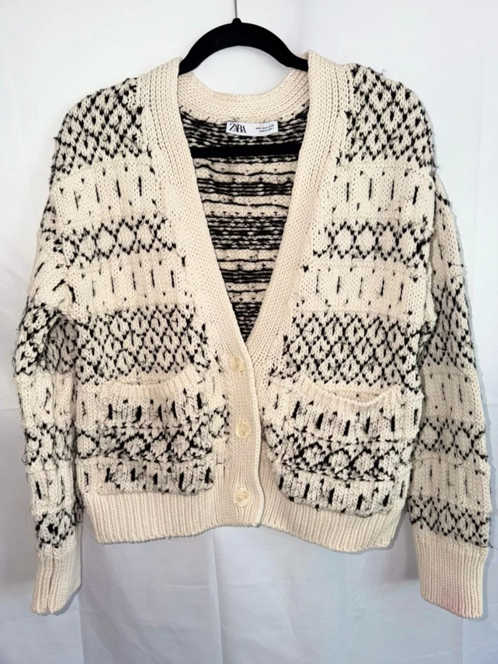 Zara Oversized Cardigan Cream and Black Patterned